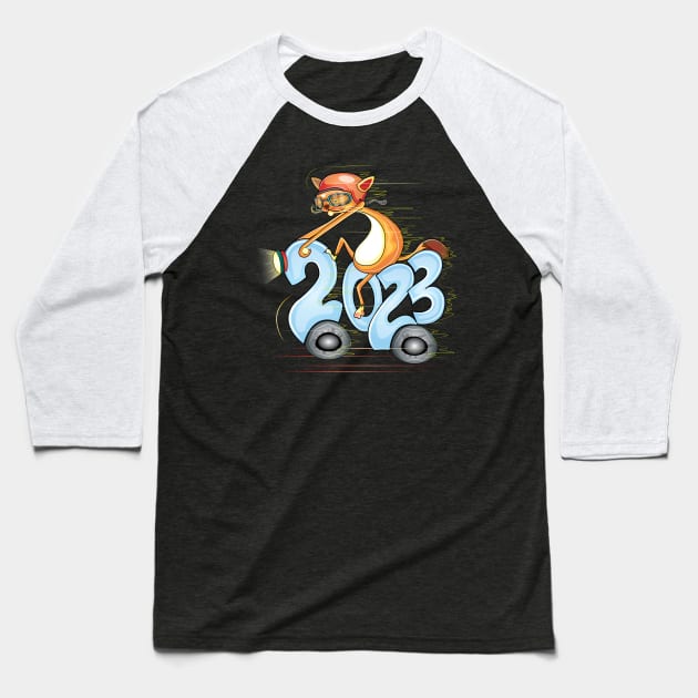 Happy New Year 2023 Cat Riding Moto Baseball T-Shirt by ArticArtac